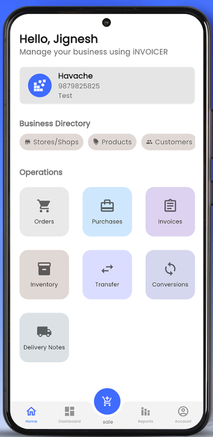 iNVOICER mobile app showing business management interface